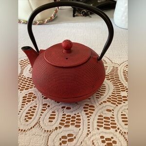 Red Cast Iron Teapot with Black Handle